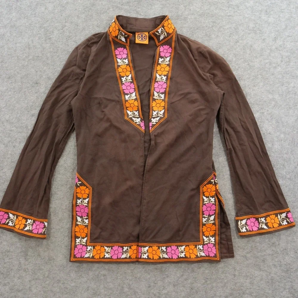 Tory Burch Tunic Top Womens 4 Brown Embroidered Floral Long Sleeve V-Neck